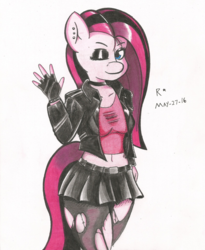 Size: 1579x1924 | Tagged: safe, artist:lmlstaticdash, pinkie pie, earth pony, anthro, g4, belly button, belt, clothes, collar, eyeshadow, female, gloves, goth, jacket, leather, leather jacket, looking at you, makeup, midriff, miniskirt, pantyhose, piercing, pinkamena diane pie, pleated skirt, punkamena, punkie pie, shirt, skirt, solo, traditional art, wink