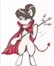 Size: 1700x2055 | Tagged: safe, artist:lmlstaticdash, raven, g4, cape, clothes, collar, devil horns, devil tail, glasses, looking at you, piercing, solo, traditional art, trident