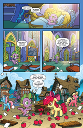 Size: 994x1528 | Tagged: safe, artist:tonyfleecs, idw, official comic, apple bloom, lotus blossom, spike, dragon, pony, g4, ponies of dark water, spoiler:comic, spoiler:comic43, apple, book, comic, cropped, cutie mark, female, filly, foal, food, male, mare, ponyville, preview, speech bubble, the cmc's cutie marks, twilight's castle
