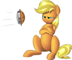 Size: 1384x1158 | Tagged: safe, artist:january3rd, applejack, g4, applejack is not amused, female, food, pie, simple background, solo, transparent background, unamused
