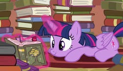 Size: 1081x625 | Tagged: safe, screencap, twilight sparkle, alicorn, pony, g4, pinkie apple pie, book, cute, female, mare, prone, reading, smiling, solo, twiabetes, twilight sparkle (alicorn)