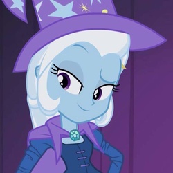 Size: 702x702 | Tagged: safe, screencap, trixie, equestria girls, g4, clothes, cute, diatrixes, female, hand on hip, hat, raised eyebrow, smiling, smirk, trixie's hat