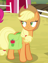 Size: 395x515 | Tagged: safe, screencap, applejack, earth pony, pony, g4, pinkie apple pie, season 4, bag, female, mare, offscreen character, palindrome get, saddle bag, solo