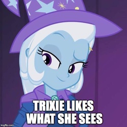 Size: 500x500 | Tagged: safe, edit, edited screencap, screencap, trixie, equestria girls, g4, my little pony equestria girls: rainbow rocks, female, image macro, meme, reaction image, smug, solo