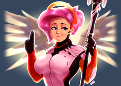 Size: 4092x2893 | Tagged: safe, artist:mrw32, fluttershy, human, g4, breasts, clothes, crossover, female, gloves, humanized, mercy, mercyshy, overwatch, solo, weapon