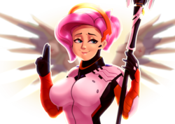 Size: 4092x2893 | Tagged: safe, artist:mrw32, fluttershy, human, g4, breasts, clothes, crossover, female, gloves, high res, humanized, mercy, mercyshy, overwatch, solo, weapon