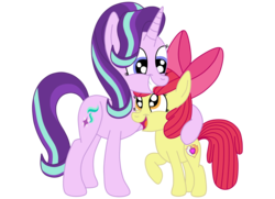 Size: 1936x1400 | Tagged: safe, artist:squipycheetah, apple bloom, starlight glimmer, earth pony, pony, unicorn, crusaders of the lost mark, g4, adorabloom, alternate cutie mark, bow, cute, cutie mark, duo, female, filly, glimmerbetes, hair bow, happy, hug, looking down, looking up, mare, open mouth, raised hoof, simple background, smiling, standing, teeth, the cmc's cutie marks, transparent background