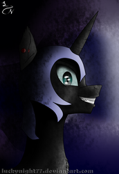 Size: 1446x2104 | Tagged: safe, artist:lucky_night, nightmare moon, g4, bust, crazy smile, darkness, ear piercing, evil smile, female, piercing, portrait, solo