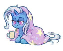 Size: 1071x863 | Tagged: safe, artist:dawnfire, trixie, pony, unicorn, g4, blanket, blush sticker, blushing, colored pupils, female, looking down, lying down, magic, mare, missing accessory, simple background, solo, telekinesis, transparent background