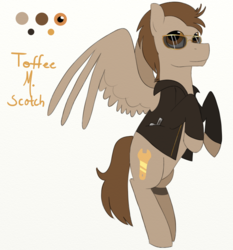 Size: 777x835 | Tagged: safe, artist:amber flicker, derpibooru exclusive, edit, oc, oc only, oc:toffee scotch, clothes, cutie mark, flask, jacket, leather jacket, solo, sunglasses