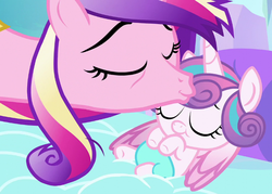 Size: 647x462 | Tagged: safe, screencap, princess cadance, princess flurry heart, alicorn, pony, g4, the crystalling, baby, baby pony, bags under eyes, cropped, cute, diaper, eyes closed, female, filly, forehead kiss, kissing, mama cadence, mare, mother and child, mother and daughter, platonic kiss, tired