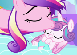 Size: 647x462 | Tagged: safe, edit, edited screencap, screencap, princess cadance, princess flurry heart, alicorn, pony, g4, the crystalling, baby, baby pony, cropped, cute, diaper, duo, female, filly, foal, forehead kiss, horn, kissing, mother and child, mother and daughter, tired, wings