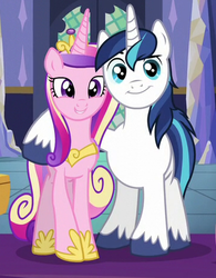 Size: 360x462 | Tagged: safe, screencap, princess cadance, shining armor, pony, g4, the one where pinkie pie knows, couple, cropped, cute, cutedance, female, grin, hug, husband and wife, looking at you, male, puppy dog eyes, raised eyebrow, shining adorable, ship:shiningcadance, shipping, smiling, straight