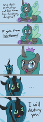 Size: 1000x2814 | Tagged: safe, artist:arrkhal, queen chrysalis, changeling, g4, idw, spoiler:comic, ..., bad pun, bad pun dog, blue background, chrysalis encounters herself, chrysalis meets reversalis, comic, duo, female, frown, glare, glasses, joke, looking at you, mare, mirror universe, open mouth, prone, pun, queen chrysalis is not amused, reversalis, self ponidox, simple background, smiling, unamused, wide eyes