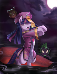Size: 600x780 | Tagged: safe, artist:tzc, owlowiscious, spike, twilight sparkle, dragon, jiangshi, owl, pony, undead, unicorn, vampire, zombie, g4, bipedal, clothes, coffin, fangs, female, full moon, looking at you, male, mare, moon, open mouth