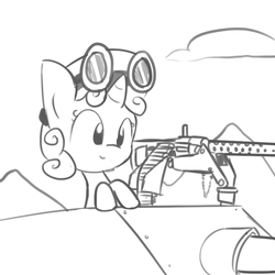 Size: 720x720 | Tagged: safe, artist:tjpones, sweetie belle, g4, female, gun, machine gun, monochrome, solo, tank (vehicle), this will end in tears, weapon