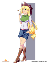 Size: 1500x2000 | Tagged: safe, artist:silver-wingx, applejack, equestria girls, g4, applejack's hat, boots, clothes, cowboy boots, cowboy hat, crossed legs, denim skirt, female, hat, haystick, human coloration, shoes, skirt, solo, stetson