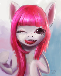 Size: 552x687 | Tagged: safe, artist:grissaecrim, earth pony, pony, fuchsia, ponified, solo, tongue out, uncanny valley