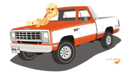 Size: 1600x930 | Tagged: safe, artist:burnout, applejack, earth pony, pony, g4, dodge ram, female, leaning, mare, simple background, solo, truck