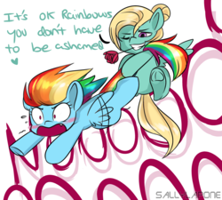 Size: 3000x2700 | Tagged: safe, artist:sallylapone, rainbow dash, zephyr breeze, pegasus, pony, flutter brutter, g4, blushing, colt, cute, do not want, female, filly, filly rainbow dash, flower, flower in mouth, foal, forced shipping, high res, male, mouth hold, rose, ship:zephdash, shipping, shipping denied, starboarding, straight, tail, tail pull, younger