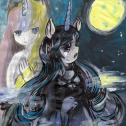 Size: 500x500 | Tagged: safe, artist:ivyatoms, princess celestia, princess luna, human, anthro, fun fun fun (album), g4, cats millionaire, crying, humanized, moon, princess luna's glorious grilled cheese sandwiches, royal sisters, sad, siblings, sisters