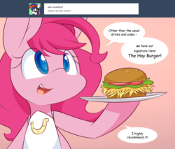 Size: 1000x850 | Tagged: safe, artist:dshou, pinkie pie, g4, burger, clothes, cute, dialogue, diapinkes, female, food, hay burger, open mouth, solo, speech bubble, the hayburger, yet another pinkie blog
