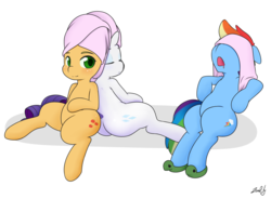 Size: 2000x1472 | Tagged: safe, artist:zoarity, applejack, rainbow dash, rarity, g4, butt freckles, clothes, freckles, sleeping, slippers, spa, tank slippers