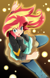 Size: 1320x2040 | Tagged: safe, artist:banzatou, sunset shimmer, human, equestria girls, g4, action pose, blushing, clothes, female, human coloration, jacket, looking at you, open mouth, pants, solo