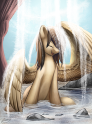 Size: 1002x1345 | Tagged: safe, artist:xxcrazzzyxx, oc, oc only, pegasus, pony, bathing, eyes closed, outdoors, solo, water, waterfall, waterfall shower, wet mane, wings