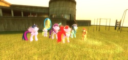 Size: 1280x600 | Tagged: safe, artist:wiimeiser, button mash, coloratura, dinky hooves, pacific glow, sugar belle, thunderlane, twilight sparkle, alicorn, pony, g4, 3d, basking in the sun, building, gmod, playground, portal, twilight sparkle (alicorn)