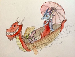 Size: 2048x1536 | Tagged: safe, artist:peichenphilip, princess ember, spike, dragon, g4, boat, cheongsam, chinese, clothes, dragon boat festival, dress, hat, looking at each other, oar, smiling, straw hat, traditional art, umbrella