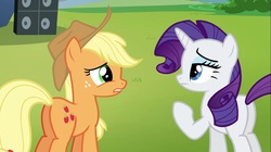Size: 1100x618 | Tagged: safe, screencap, applejack, rarity, pony, g4, the mane attraction, butt, female, mare, plot