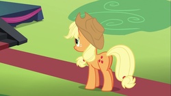 Size: 1100x618 | Tagged: safe, screencap, applejack, pony, g4, the mane attraction, butt, female, mare, plot