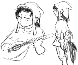 Size: 1045x881 | Tagged: safe, artist:dj-black-n-white, oc, oc only, oc:mistake, satyr, bard, fantasy class, female, lute, monochrome, musical instrument, offspring, parent:queen chrysalis