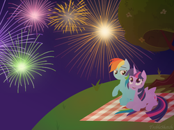 Size: 3264x2448 | Tagged: safe, artist:treblesketchofficial, rainbow dash, twilight sparkle, alicorn, pony, g4, fanfic art, female, fireworks, high res, lesbian, picnic blanket, prone, ship:twidash, shipping, twilight sparkle (alicorn)