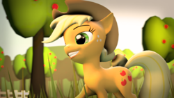 Size: 1920x1080 | Tagged: safe, artist:yaasho, applejack, g4, 3d, apple tree, female, fence, smiling, solo, source filmmaker, sunshine, sweet apple acres, tree