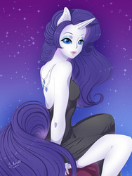 Size: 600x800 | Tagged: safe, artist:yutaila, rarity, human, g4, beautiful, black dress, clothes, cutie mark, dress, eared humanization, female, horn, horned humanization, humanized, little black dress, necklace, night, pony coloring, sitting, solo, sparkle, tailed humanization