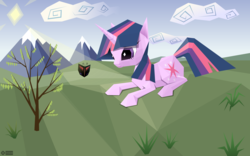 Size: 3840x2400 | Tagged: safe, artist:roadsleadme, twilight sparkle, butterfly, pony, unicorn, g4, .svg available, cloud, female, grass, low poly, mountain, mountain range, scenery, solo, sun, svg, unicorn twilight, vector