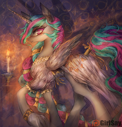 Size: 1644x1700 | Tagged: safe, artist:girlsay, princess celestia, alicorn, pony, g4, alternate hairstyle, beautiful, bedroom eyes, blushing, bracelet, butt, candle, clothes, dress, featured image, female, jewelry, looking at you, looking back, patreon, patreon logo, plot, pretty, raised hoof, smiling, solo, sunbutt, tail wrap, underhoof
