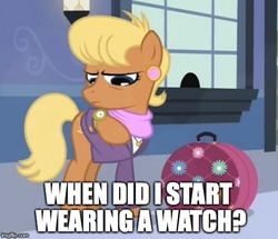 Size: 520x447 | Tagged: safe, edit, edited screencap, screencap, ms. harshwhinny, g4, games ponies play, my little pony: friendship is magic, female, image macro, meme, new student starfish, solo, spongebob squarepants, watch, wristwatch