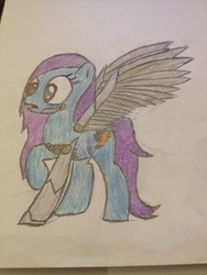 Size: 2448x3264 | Tagged: safe, artist:janive4, oc, oc only, oc:mecha, cyborg, pegasus, pony, amputee, augmented, blue coat, female, high res, prosthetic limb, prosthetic wing, prosthetics, purple mane, solo, surprised