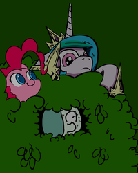 Size: 640x800 | Tagged: safe, artist:ficficponyfic, artist:lovelyneckbeard, artist:valcron, color edit, edit, edited edit, pinkie pie, princess celestia, oc, oc:emerald jewel, colt quest, g4, bush, color, colored, colt, frown, hiding, male, nervous, night, searching, sweat