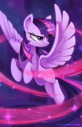 Size: 681x1053 | Tagged: safe, artist:pepooni, twilight sparkle, alicorn, pony, female, flying, looking back, magic, mare, solo, spread wings, twilight sparkle (alicorn), wings
