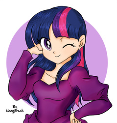 Size: 1600x1676 | Tagged: safe, artist:nancysauria, twilight sparkle, human, g4, clothes, dress, female, humanized, looking at you, one eye closed, signature, smiling, solo, wink