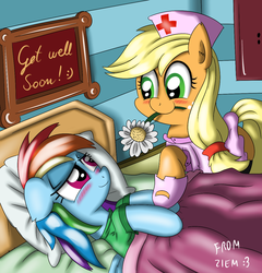 Size: 1200x1250 | Tagged: safe, artist:ziemniax, applejack, rainbow dash, pony, g4, clothes, duo, female, lesbian, nurse, ship:appledash, shipping, socks, thigh highs