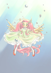 Size: 2039x2894 | Tagged: safe, artist:unousaya, fluttershy, pony, semi-anthro, g4, arm hooves, bipedal, blushing, clothes, dress, female, high res, solo, underwater