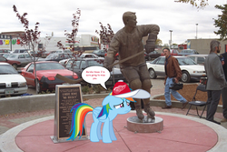 Size: 1600x1066 | Tagged: safe, rainbow dash, human, g4, detroit red wings, gordie howe, hockey, ice hockey, irl, nhl, photo, ponies in real life, rest in peace, statue, toys r us, tribute, vector