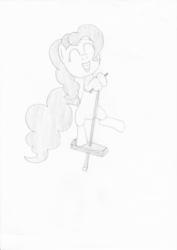 Size: 827x1170 | Tagged: source needed, safe, pinkie pie, g4, female, monochrome, pogo stick, solo, traditional art