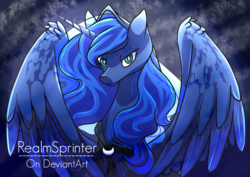 Size: 1024x723 | Tagged: safe, artist:realmsprinter, princess luna, spirit of hearth's warming yet to come, g4, cloak, clothes, female, solo, spread wings