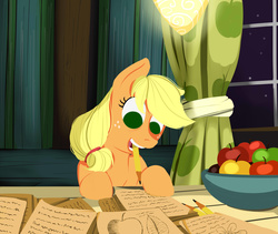 Size: 3800x3200 | Tagged: safe, artist:poecillia-gracilis19, applejack, g4, apple, female, food, high res, mouth hold, paper, pencil, solo